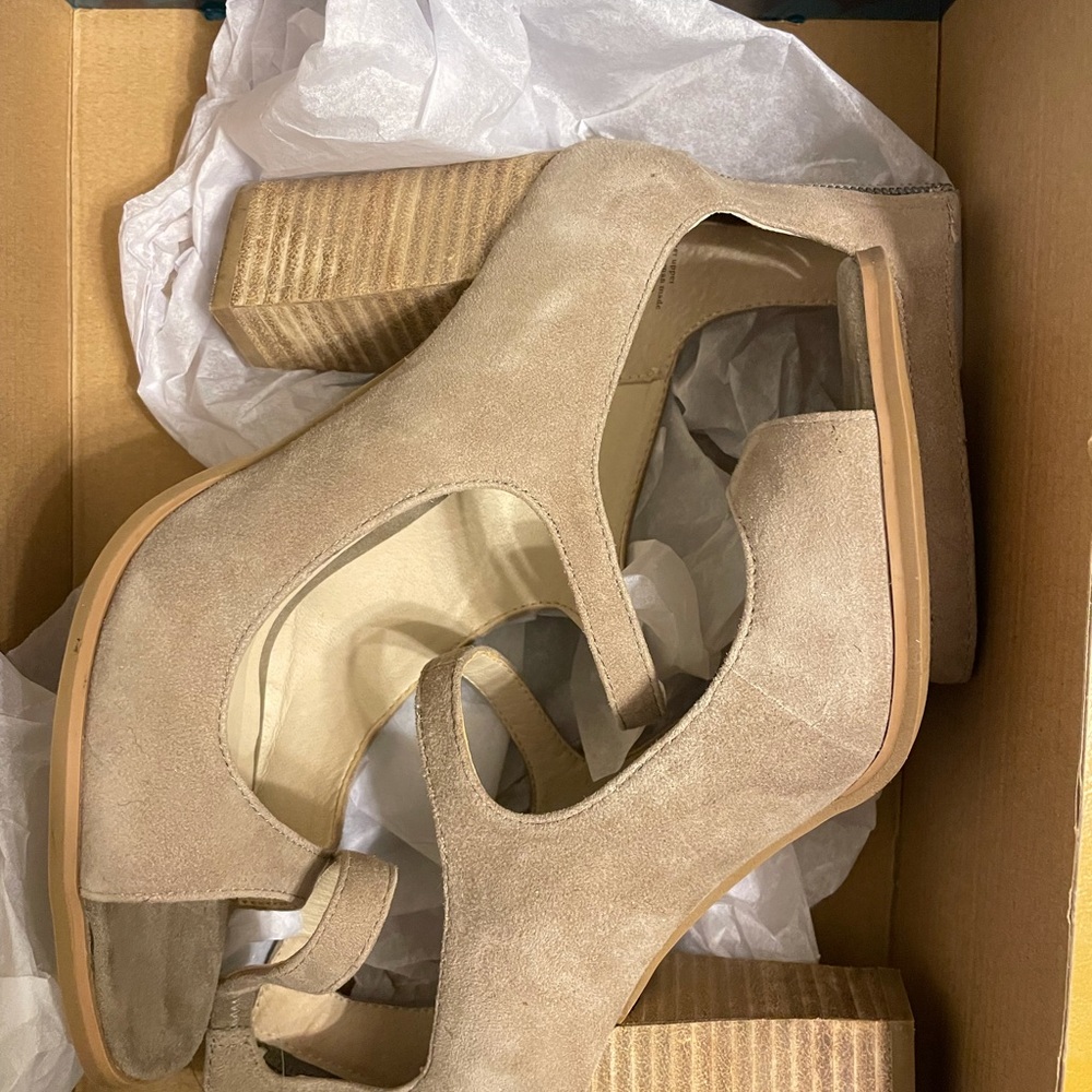 Taupe Colored Block Sandal Heels